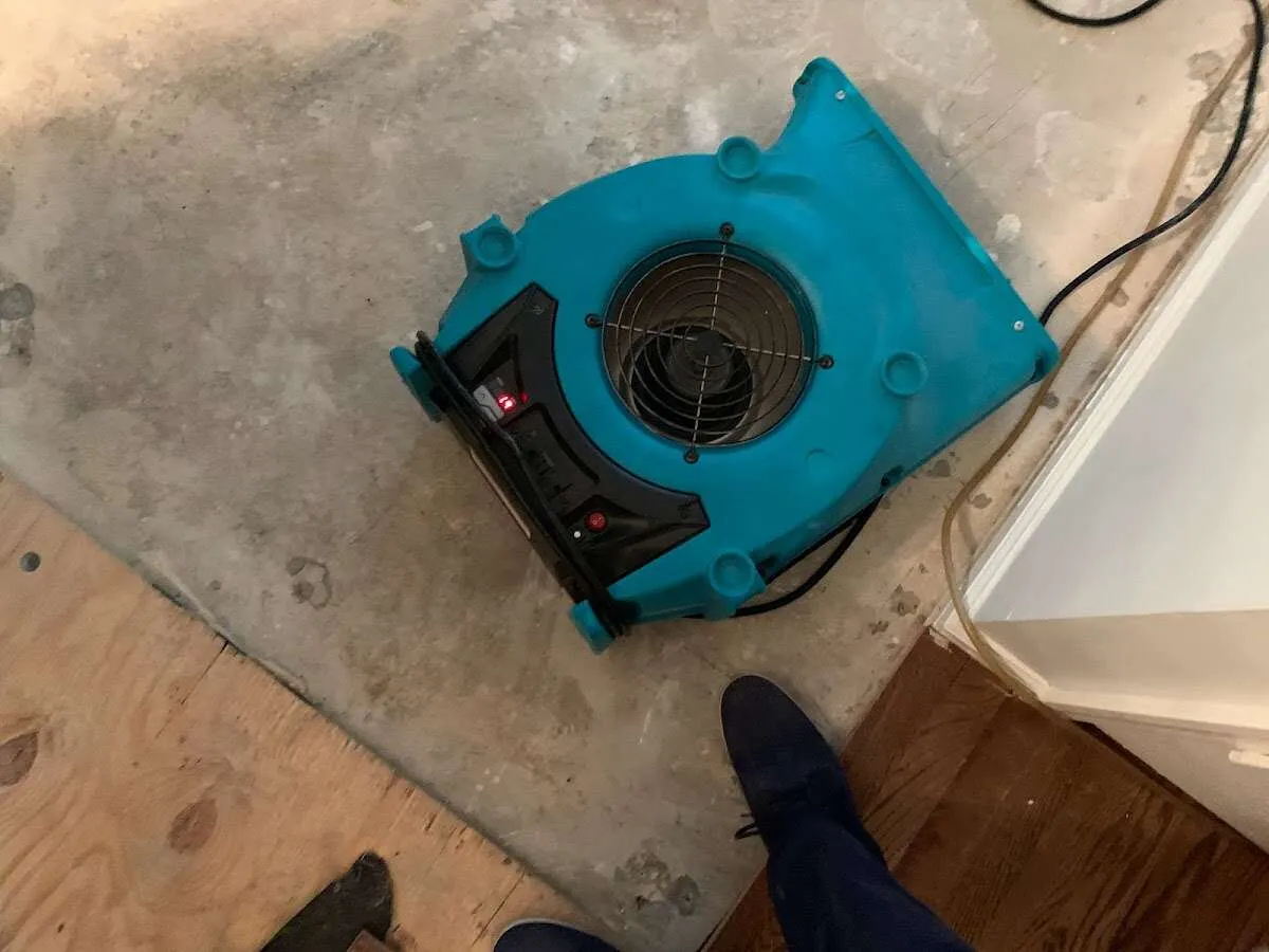 Air mover drying subfloor during Leak Detection & Repair in Gilford